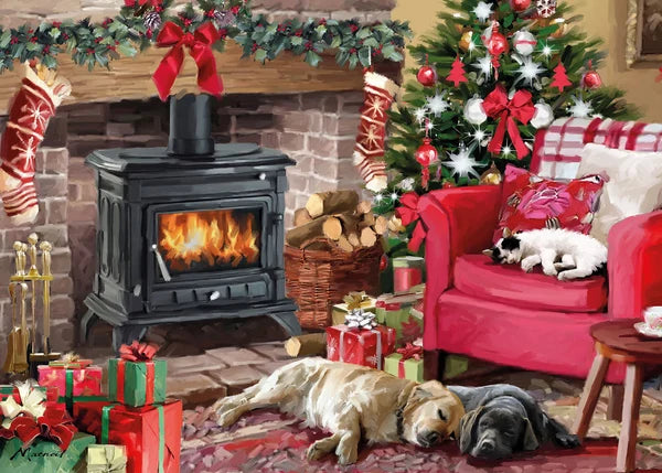 Two labradors snuggled by a wood log burner; the brick mantle decorated for the festive season with a seasonal red bow and stockings either side. Christmas presents fill the room.