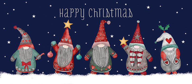 A festive Christmas illustration with four gnome characters standing in snow against a dark blue starry background, with the text 'Happy Christmas' at the top.