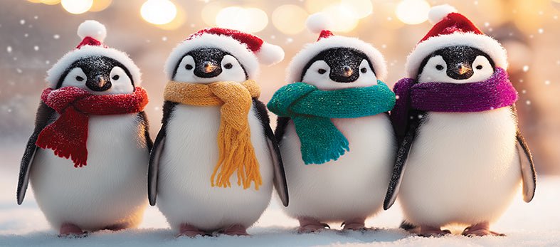 Four cartoon penguins standing in the snow, each wearing a Santa hat and a different scarf color: red, mustard yellow, teal, and purple. The background is a warm, softly blurred holiday scene with glowing lights.