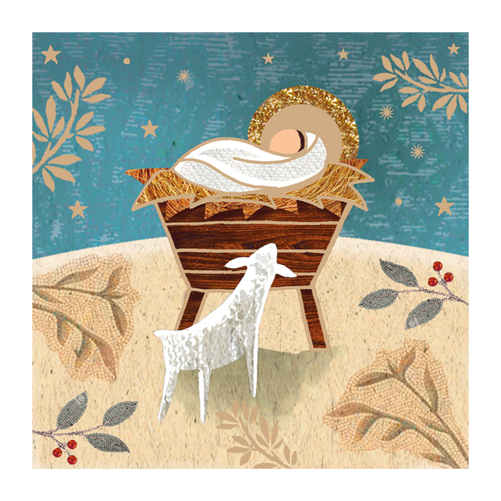 Image on the front of the Christmas card is a textile design of Jesus in the Manger with a lamb looking on.
