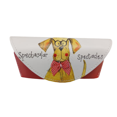 Front on view of spectacle case with a fun illustration of a yellow dog, wearing black glasses , with  the word  'Spectacular' on the left of yellow dog in black font and on the right side of dog again in black font the word 'Spectacles'.  The case lid is white with a shiny red bottom.