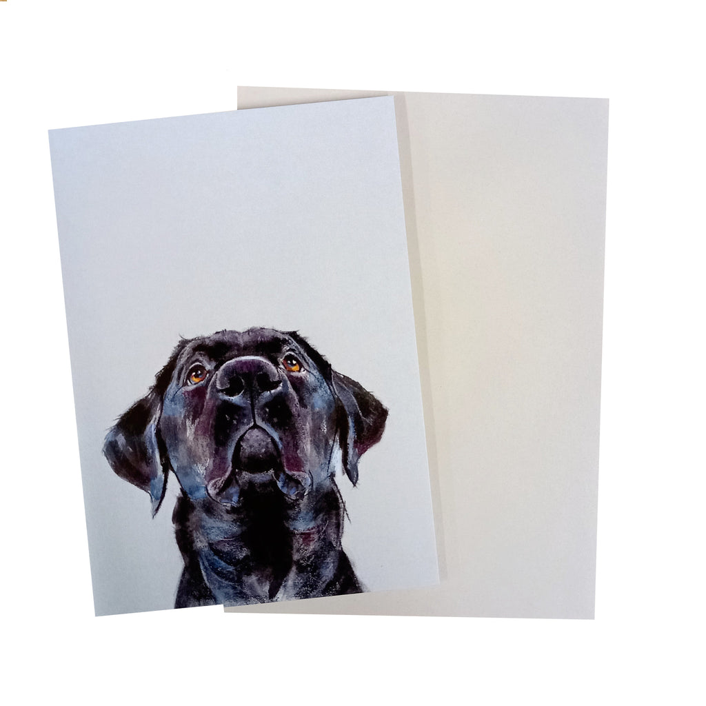 Light blue colourway portrait greeting card, with a grey / blue envelope. The head of a beautifully illustrated black Labrador is situated at the bottom of card. The card has been created by artist Nicky Litchfield. Hearing Dog logo is printed on the back of the card as proceeds from the sale of this card will go to Hearing Dogs for Deaf People.