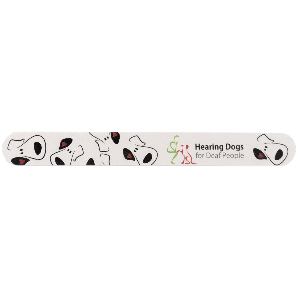 A birds eye view of the Hearing Dogs Nail File. The Nail File features the design of Hearing Dogs' puppy faces illustrations and the Hearing Dogs logo.