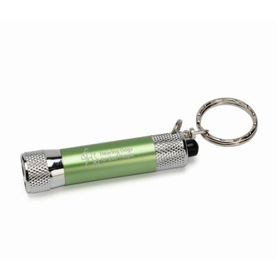 A small silver coloured torch with a green band around the middle showing the Hearing Dogs logo.
