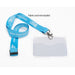 Transparent plastic card holder with a fabric lanyard strap clipped to the hole in the card holder and a note on the image that reads