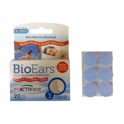 Three pairs of earplugs displayed next to white and blue BioEars packaging on white background