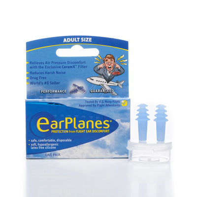 One pair of earplugs displayed next to a blue box labelled Earplanes on white background
