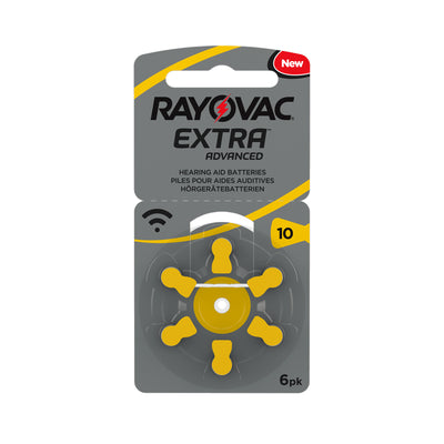 Size 10 (yellow) Rayovac hearing aids presented in cardboard-backed packaging with plastic holder