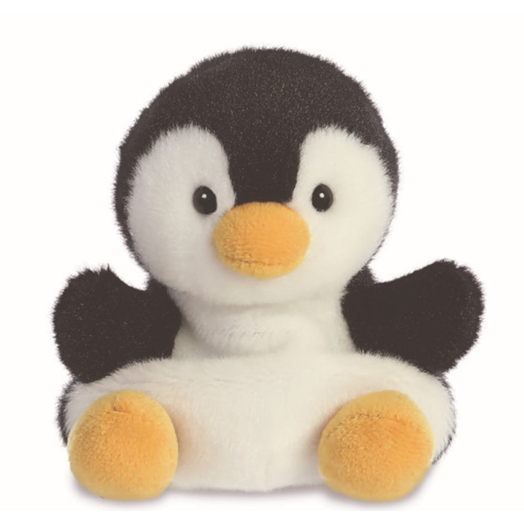 Front facing photo of soft toy penguin, sitting upright. Penguin has white coloured tummy and face and a black wings and back. The penguin toy has yellow feat and a yellow beak.
