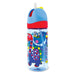 Photo of the Dinosaur themed drinking bottle standing up, with the yellow drinking spout folded out, so the plastic straw is visible. The lid is blue and the rim of the bottle is red. The bottle itself is blue transparent with a large illustration of a navy blue polka dotted dinosaur with a red and pink striped neck, accompanied by a colourful happy looking flying insect. 