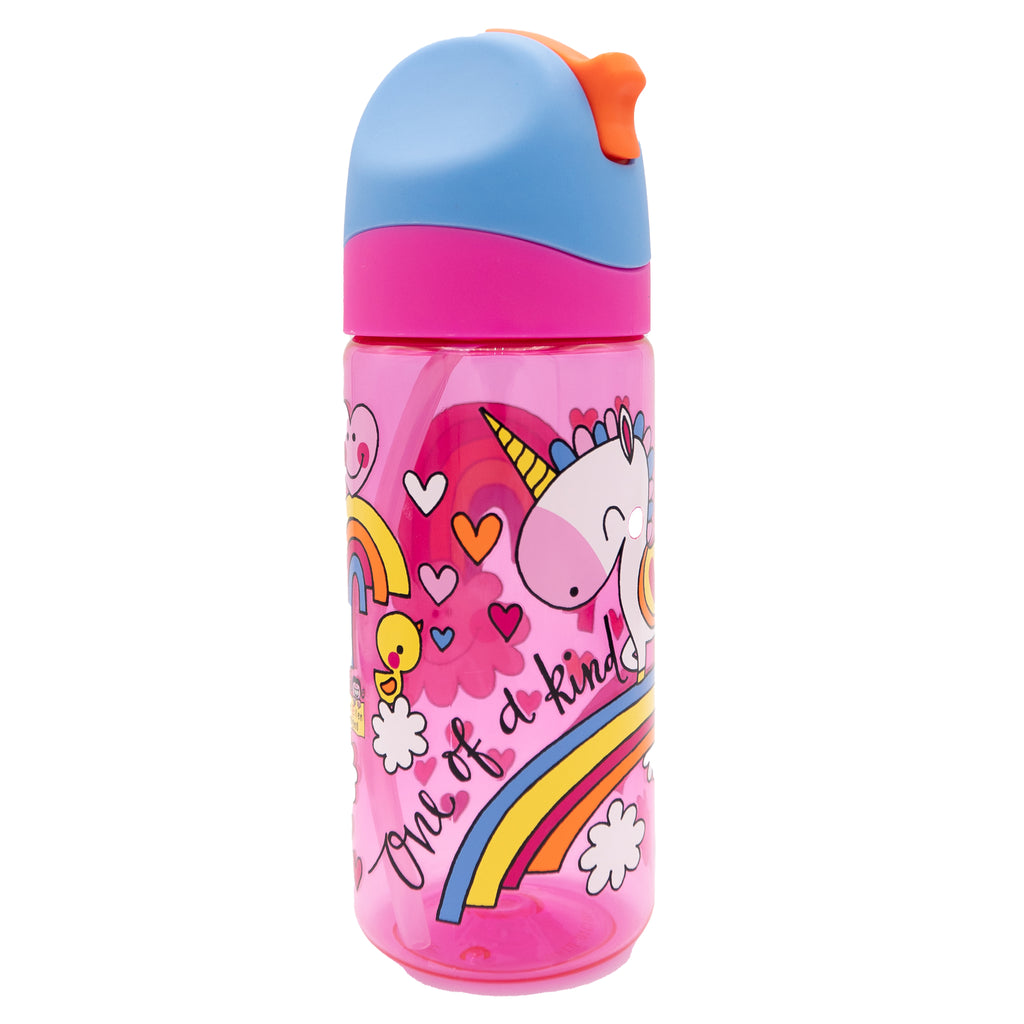 Photo of the Unicorn themed water bottle standing up, with the orange drinking spout folded down. The lid is cornflour blue and the rim of the bottle is pink. The bottle itself is pink transparent with a large illustration of a unicorn, only the unicorn's head and horn can be seen in this photo, The bottle is decorated with multi-coloured hearts and there is black font in the style of handwriting over a rainbow illustration which reads: 'One of a kind'.