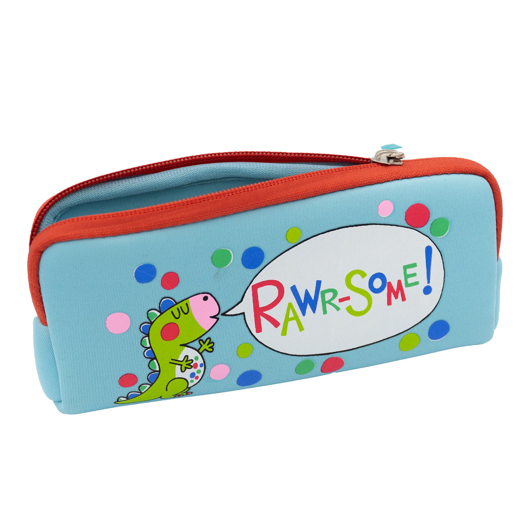 Front on view of the pencil case, which is zipped nearly all the way open. The pencil case is a sky blue colour with a red trim on the opening. The pencil case features a bright and fun illustrated Dinosaur design, with polka dots. There is a green dinosaur with a speech bubble coming from its mouth which says: 'Rawr-some!' in a colourful fun capitalised font.