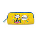 The other side a yellow pencil case with a serene looking cat and a small bird sat on a pillow, the cat can a speech bubble that says
