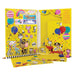 The open writing sets shows that it is a folder containing paper, a pencil and stickers and envelopes all with colourful cartoon cats and dogs and confetti on a yellow background.