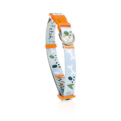 A brightly coloured fabric collar with an orange clip buckle and cartoon pictures of bones, paws and hearts with some wording on the actual collar.