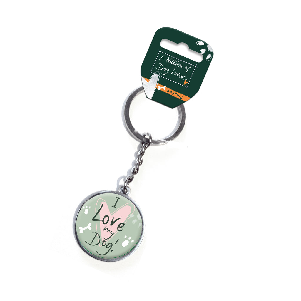 A circular keyring stating 'I Love My Dog!