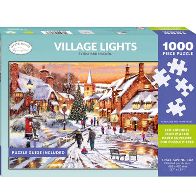 Jigsaw puzzle box featuring a winter village scene with snow-covered houses and people.