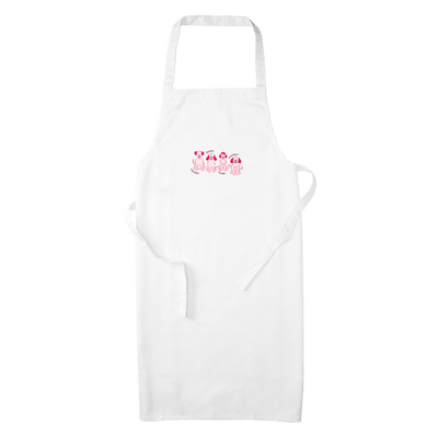 White organic cotton apron featuring the Hearing Dogs Four Dogs design
