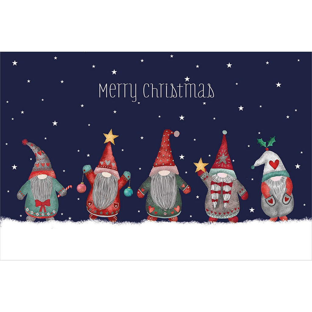 A festive Christmas greeting card design featuring four decorated gnomes standing in white snow under a dark navy blue starry sky with the words 'Merry Christmas' in white script.