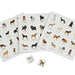 Three printed sheets and two small cards showing many different dog illustrations arranged on a white background.