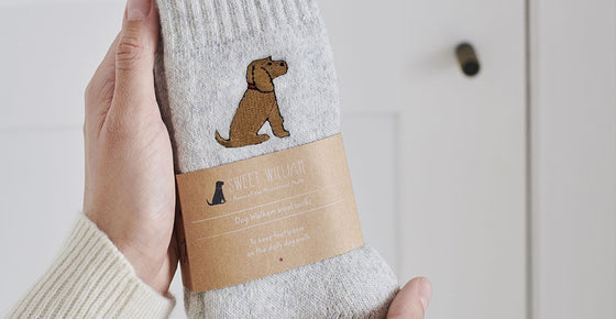 Hand holding a pair of gray socks with a dog design
