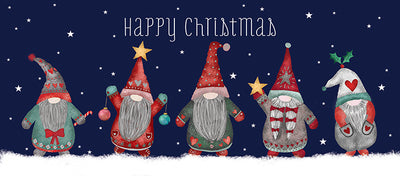 A festive Christmas illustration with four gnome characters standing in snow against a dark blue starry background, with the text 'Happy Christmas' at the top.