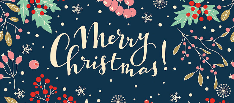 Merry Christmas greeting banner with elegant white cursive text on a dark navy blue background, decorated with red berries, green leaves, gold leaves, and white snowflakes.