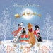 A festive Christmas illustration featuring four dogs sitting in the snow beside wrapped gifts, looking up at Santa Claus flying in a sleigh under a full moon. The scene is decorated with snow-covered trees, gold stars, and the words 'Happy Christmas' at the top.