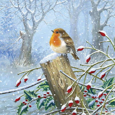 A winter woodland scene with a robin perched on a snow-covered wooden post, surrounded by bare trees, falling snow, holly leaves, and red berries.