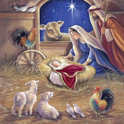 Nativity scene with baby Jesus, Mary, and Joseph in a stable with animals.