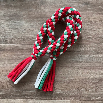 a festive dog toy in a candy cane design