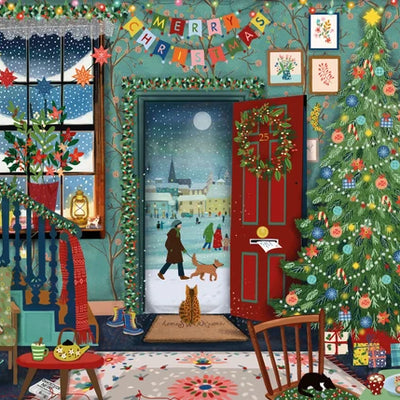 Illustration of a colourfully festively decorated house, animals sit cosily snuggled up on chairs; despite the front door being wide open to a snowy moon lit night with a passer-by walking a dog