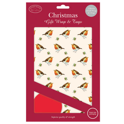Christmas gift wrap with robin design on a red packaging