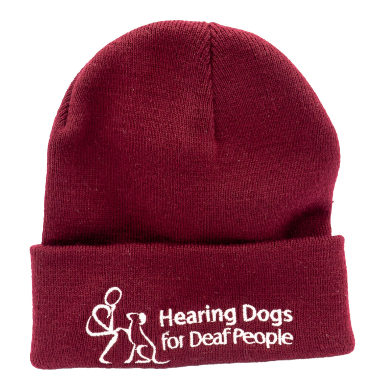 Burgundy Beanie Hat with Hearing Dog Logo