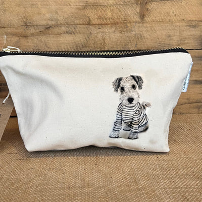 A cotton wash bag with a hand drawn  design of a terrier dog from katherine sheard designs