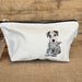 A cotton wash bag with a hand drawn pencil design of a terrier