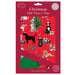 Packaging for Christmas themed wrapping paper featuring dogs around a Christmas tree, with red background and product information labels.
