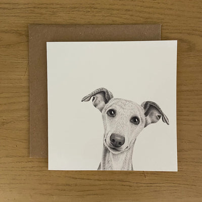 Card with a hand drawn pencil design of a whippet with a brown kraft envelope