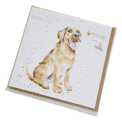 Close up photo of the card at a slight angle, tilting towards the right. Image shows lovely illustration of a happy looking Labrador sitting with their tongue out. Wrendale Designs logo is at the top right hand corner of the card, and just below this is Hearing Dogs for Deaf People logo on a sticker.