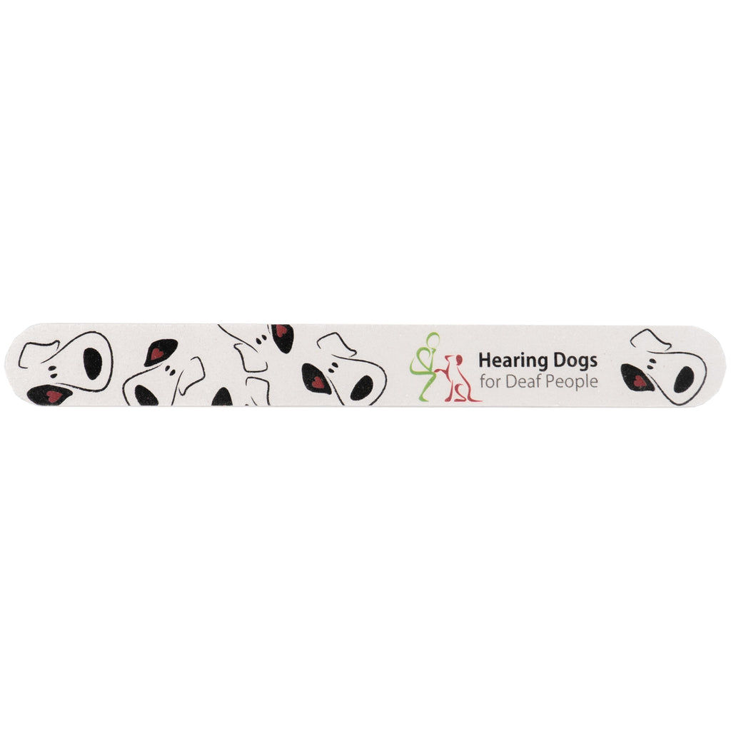 A birds eye view of the Hearing Dogs Nail File. The Nail File features the design of Hearing Dogs' puppy faces illustrations and the Hearing Dogs logo. 