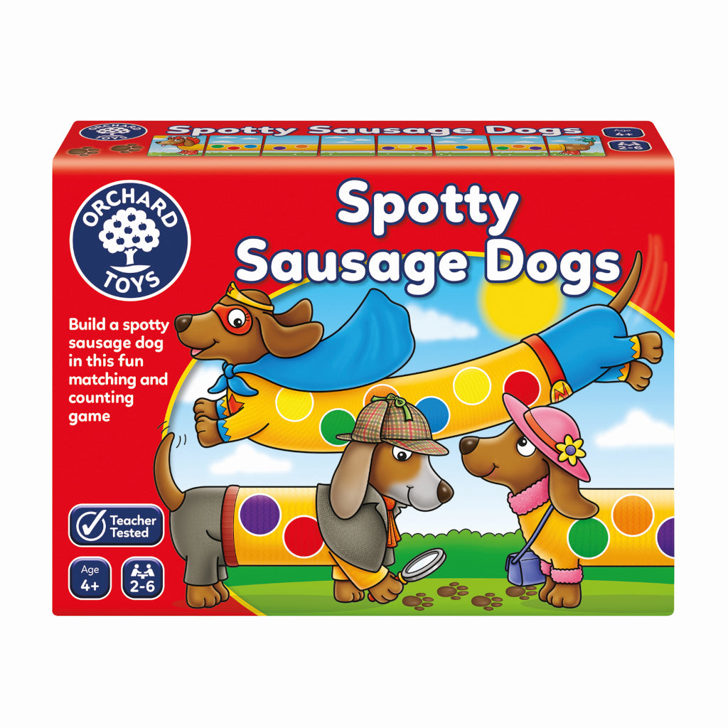 Red box with game title Spotty Sausage Dogs and Orchard Toys logos on it. The picture of the box is three brown cartoon sausage dogs wearing hats and spotty outfits.
