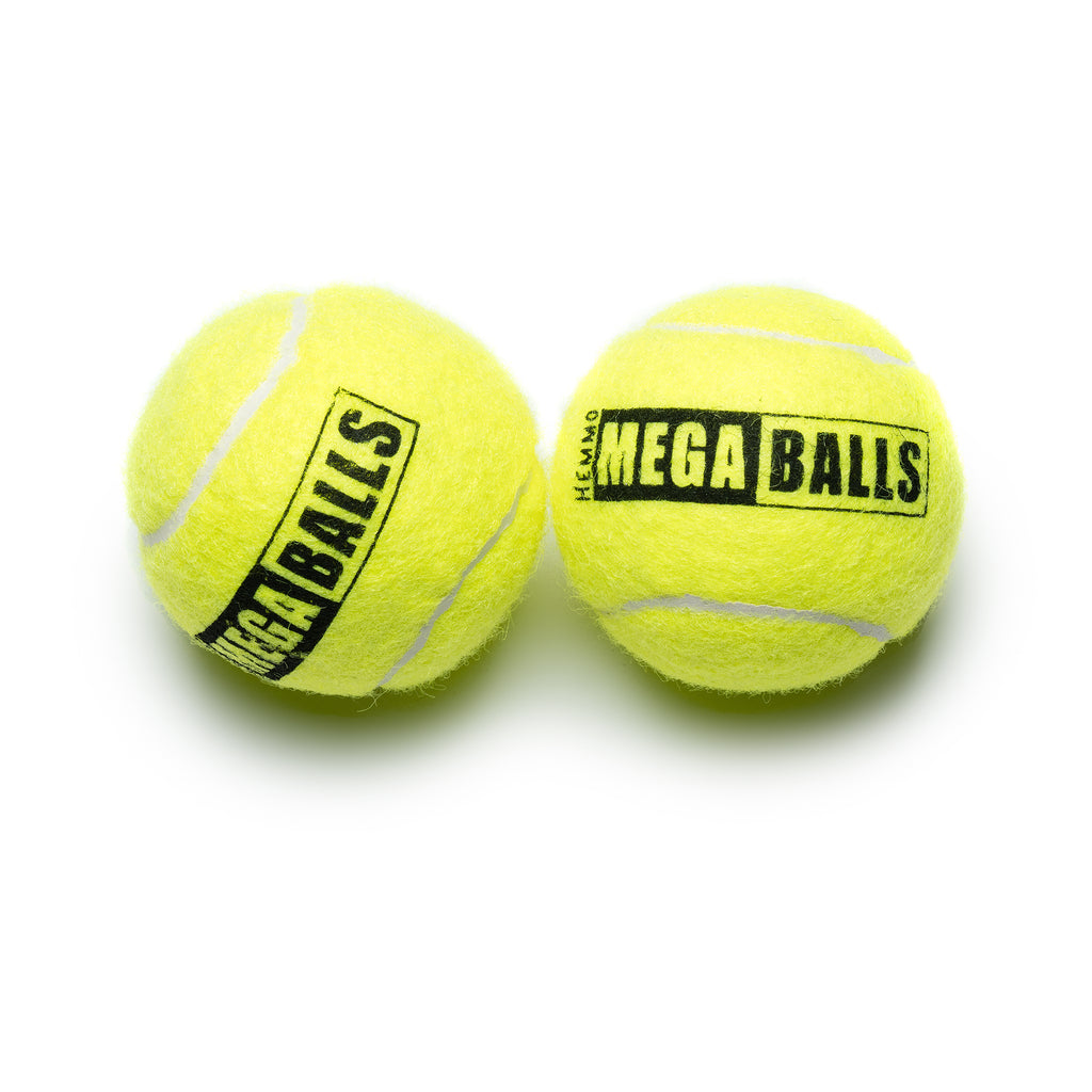 Two lime tennis balls with Mega Balls branding on them.