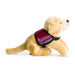 Side view of a beautiful yellow labrador soft toy in a sitting position wearing a burgundy and black Hearing Dogs jacket.