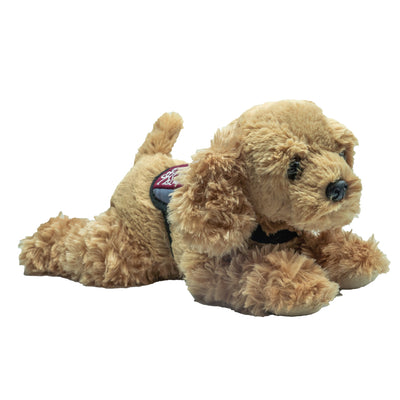 Photo of Hearing Dog Spaniel soft toy wearing the burgundy Hearing Dogs jacket. The Spaniel soft toy is a golden colour, with a black nose and black eyes. The spaniel toy is laying flat on its tummy.