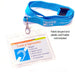 Communication card in plastic card holder and fabric lanyard strap with a note that reads 