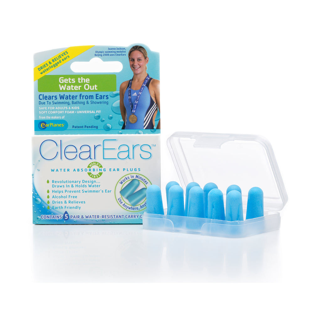 Five pairs of earplugs displayed in carry case next to white and blue box labelled ClearEars on white background
