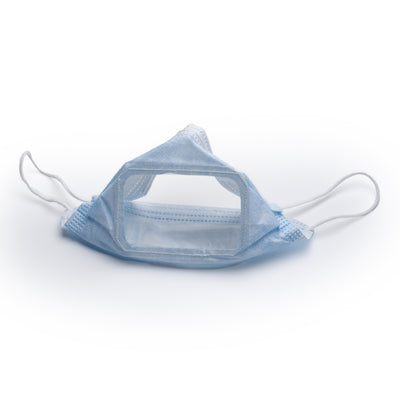 Blue face covering with transparent window for lipreading