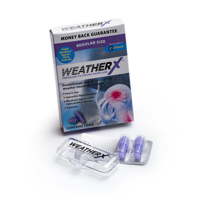One pair of earplugs displayed with carry case and box labelled WeatherX on white background
