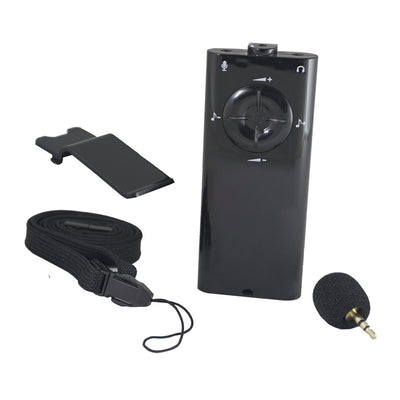 Sleek black Listener Pro unit on white background showing belt clip and lanyard.