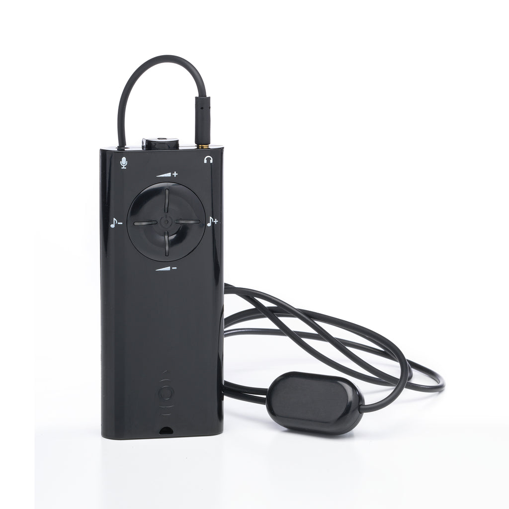 Sleek black Listener Pro unit on white background showing inductive neckloop